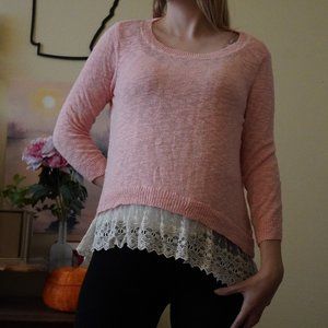 Cotton Blende Peach Orange Lace Edge Lightweight Layering Sweater